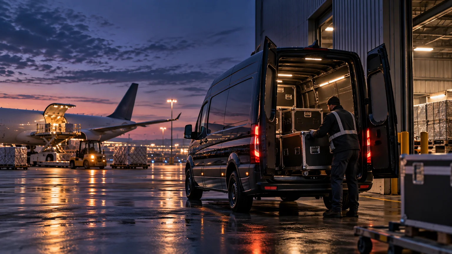 Verladen von Transportkoffern an einem Flughafen